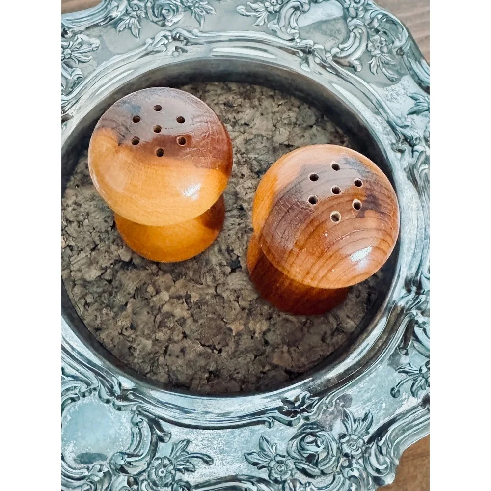 Vintage Mushroom Wood Salt and Pepper Shakers Set BrownGlossy Mid Century Rustic